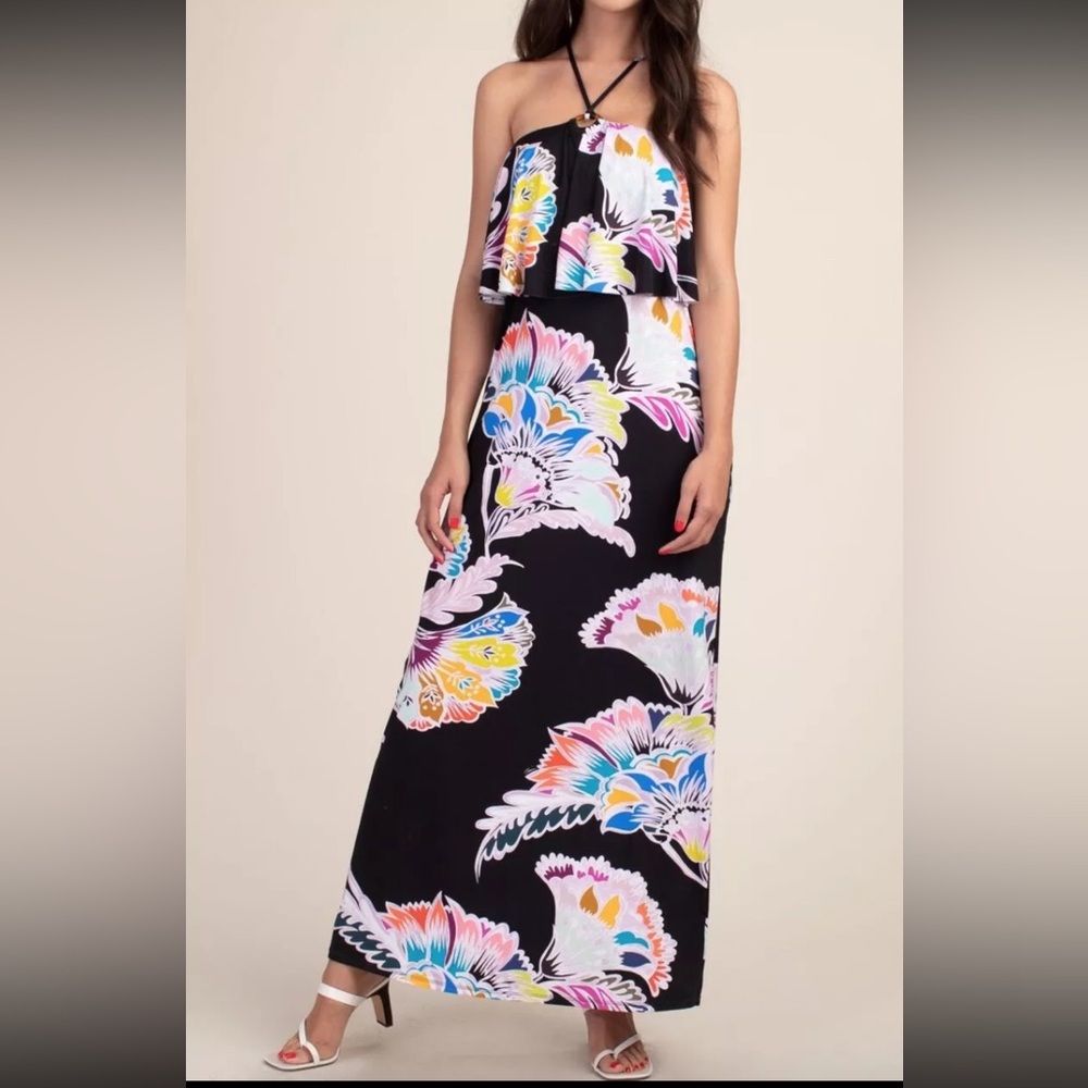 NWT $172 Trina Turk‎ Seychelles Maxi Halter Dress SIZE S SMALL BLACK MLT FLORAL